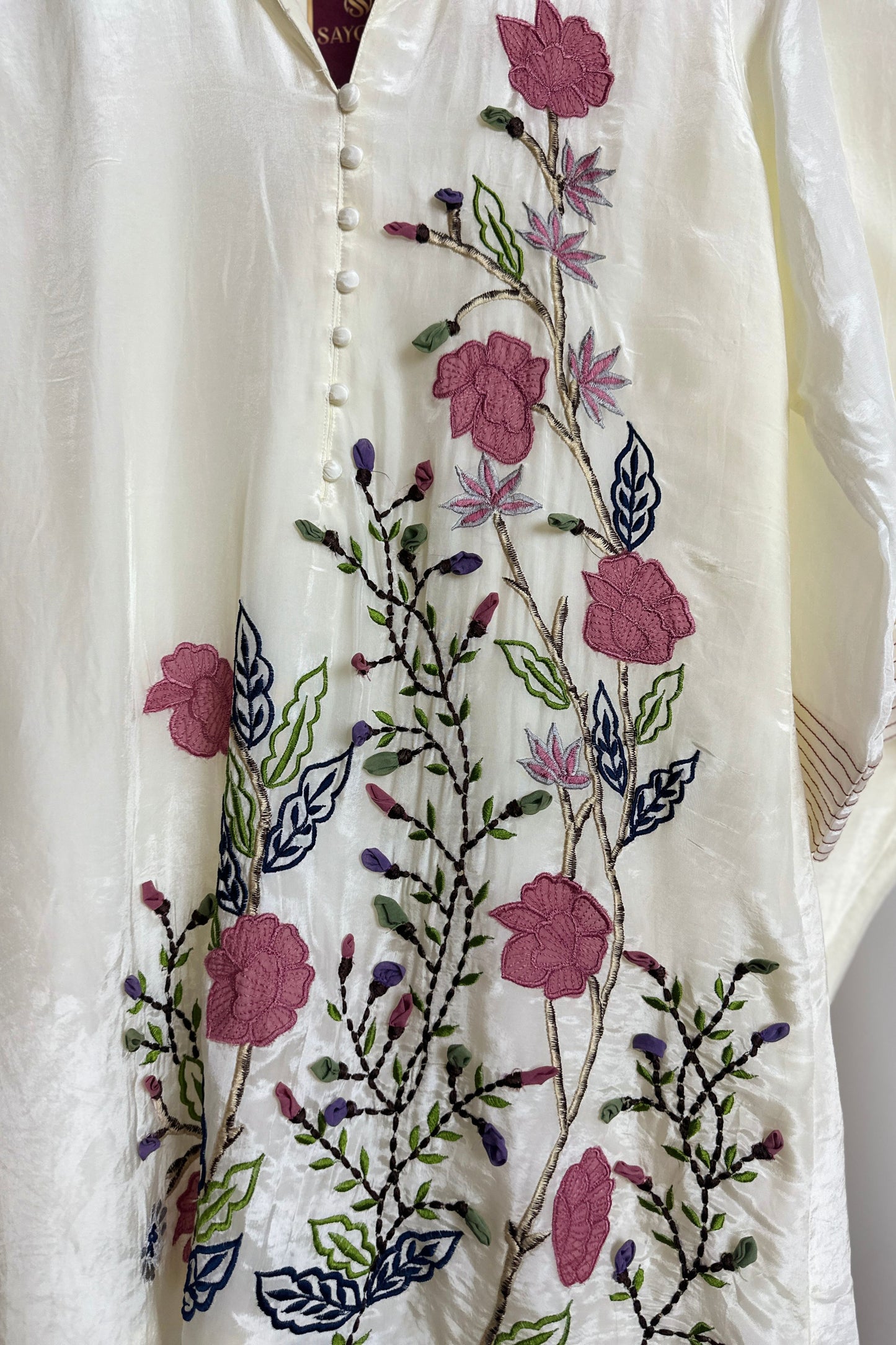 Applique work floral embroidered designer H O silk Co-ord set