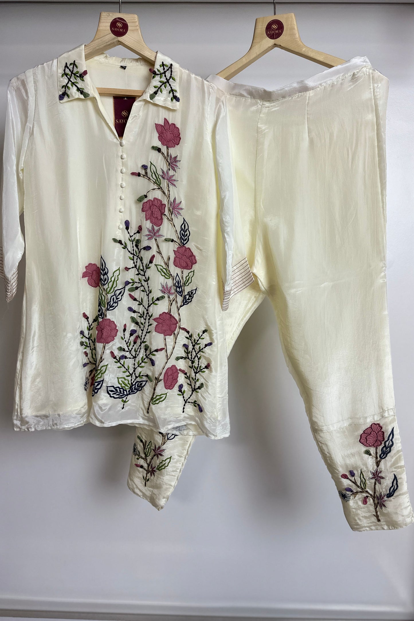 Applique work floral embroidered designer H O silk Co-ord set