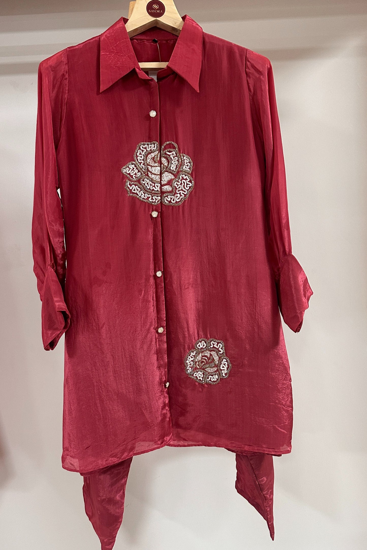 Handwork special floral motif H O silk designer Co-ord set