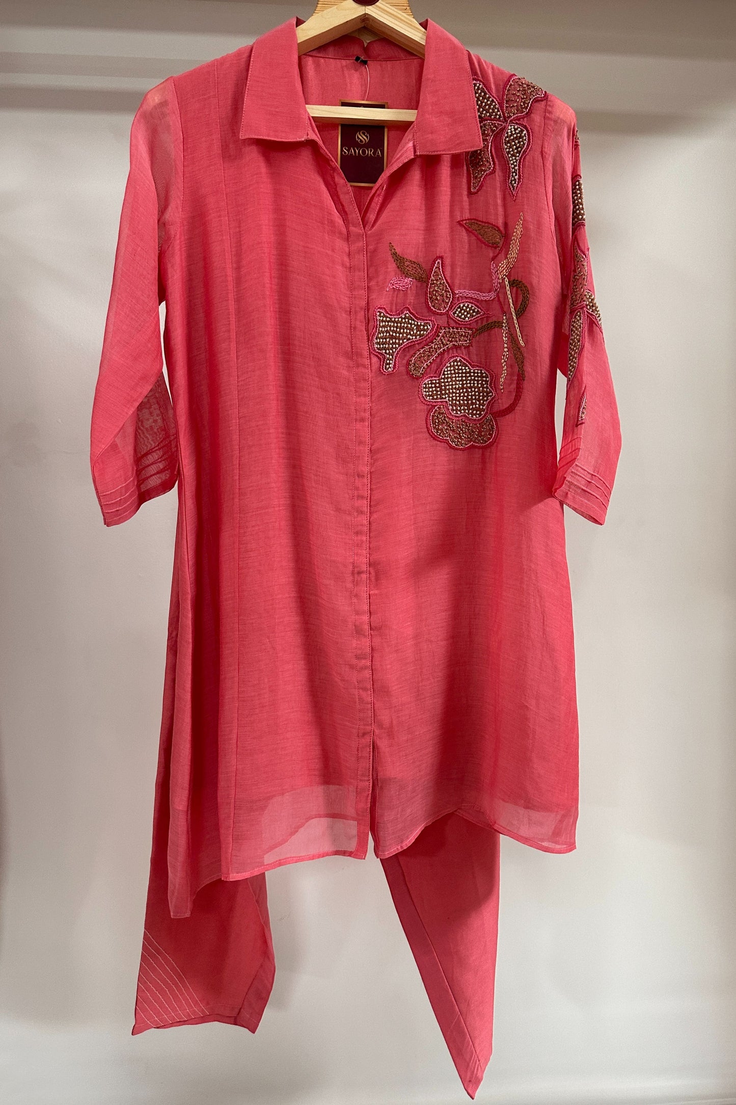 Kantha and pearl handwork mulchanderi designer Co-ord set