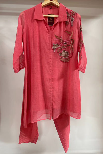 Kantha and pearl handwork mulchanderi designer Co-ord set