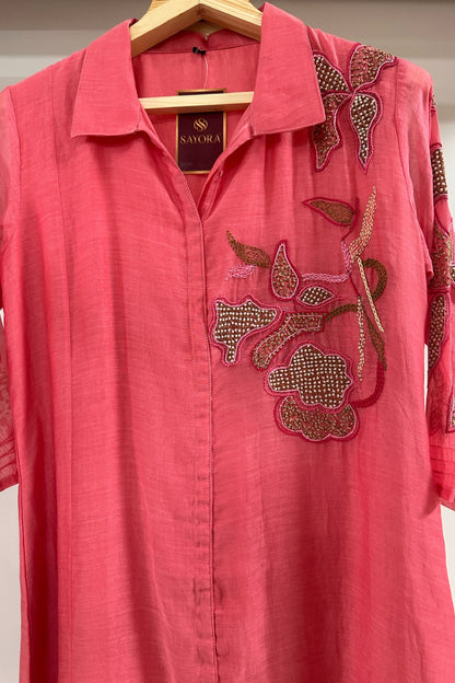 Kantha and pearl handwork mulchanderi designer Co-ord set