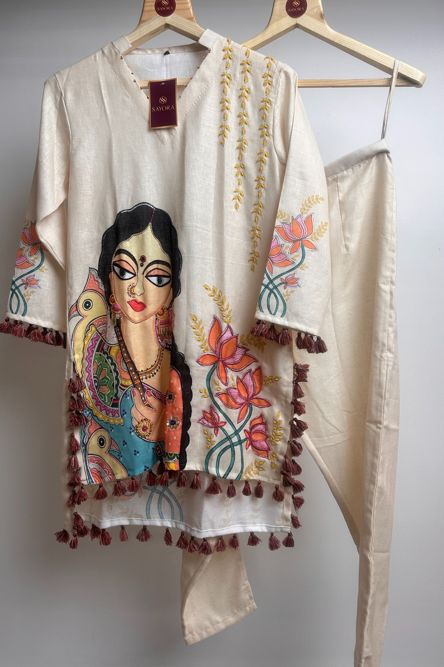 Madhubani style hand embroidered designer linen Co-ord set