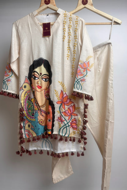 Madhubani style hand embroidered designer linen Co-ord set