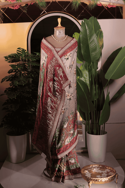 Grey modal silk floral print  Elephant nakshi zari woven saree