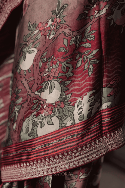 Grey modal silk floral print  Elephant nakshi zari woven saree