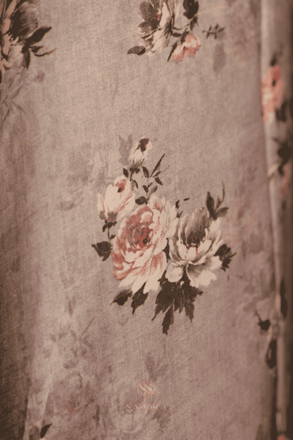 Grey modal silk floral print  Elephant nakshi zari woven saree