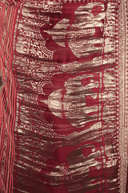 Grey modal silk floral print  Elephant nakshi zari woven saree