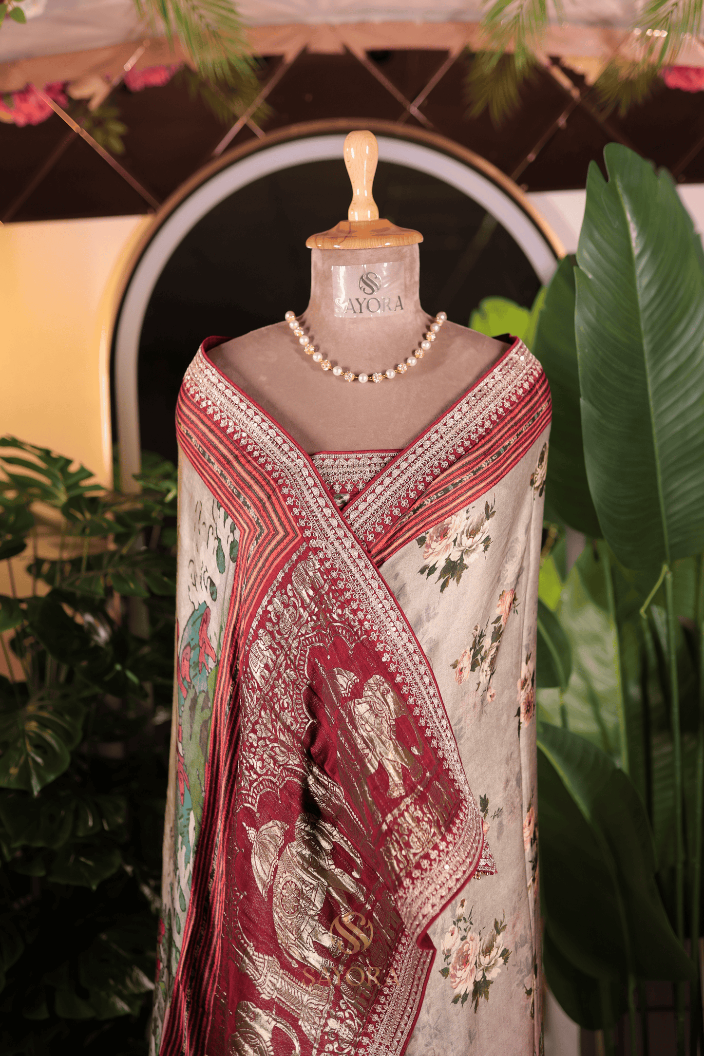 Grey modal silk floral print  Elephant nakshi zari woven saree