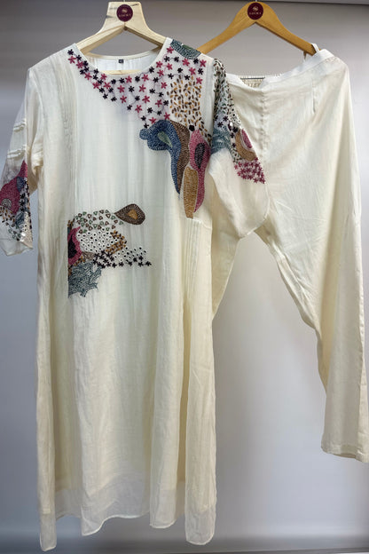 Kantha & mirror embroidered mulchanderi Co-ord set