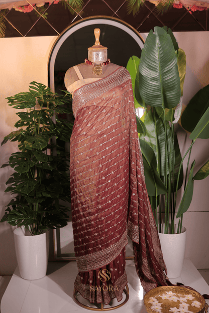 Wine tissue net sequins embroidered designer saree