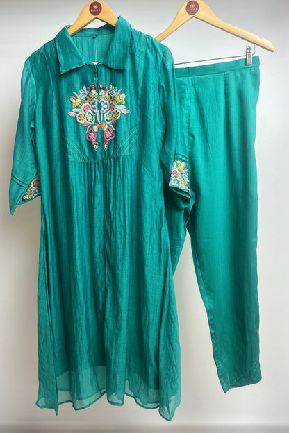 French knot multicolour embroidered mulchanderi Co-ord set