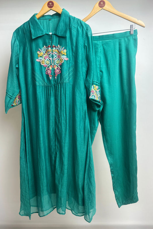 French knot multicolour embroidered mulchanderi Co-ord set