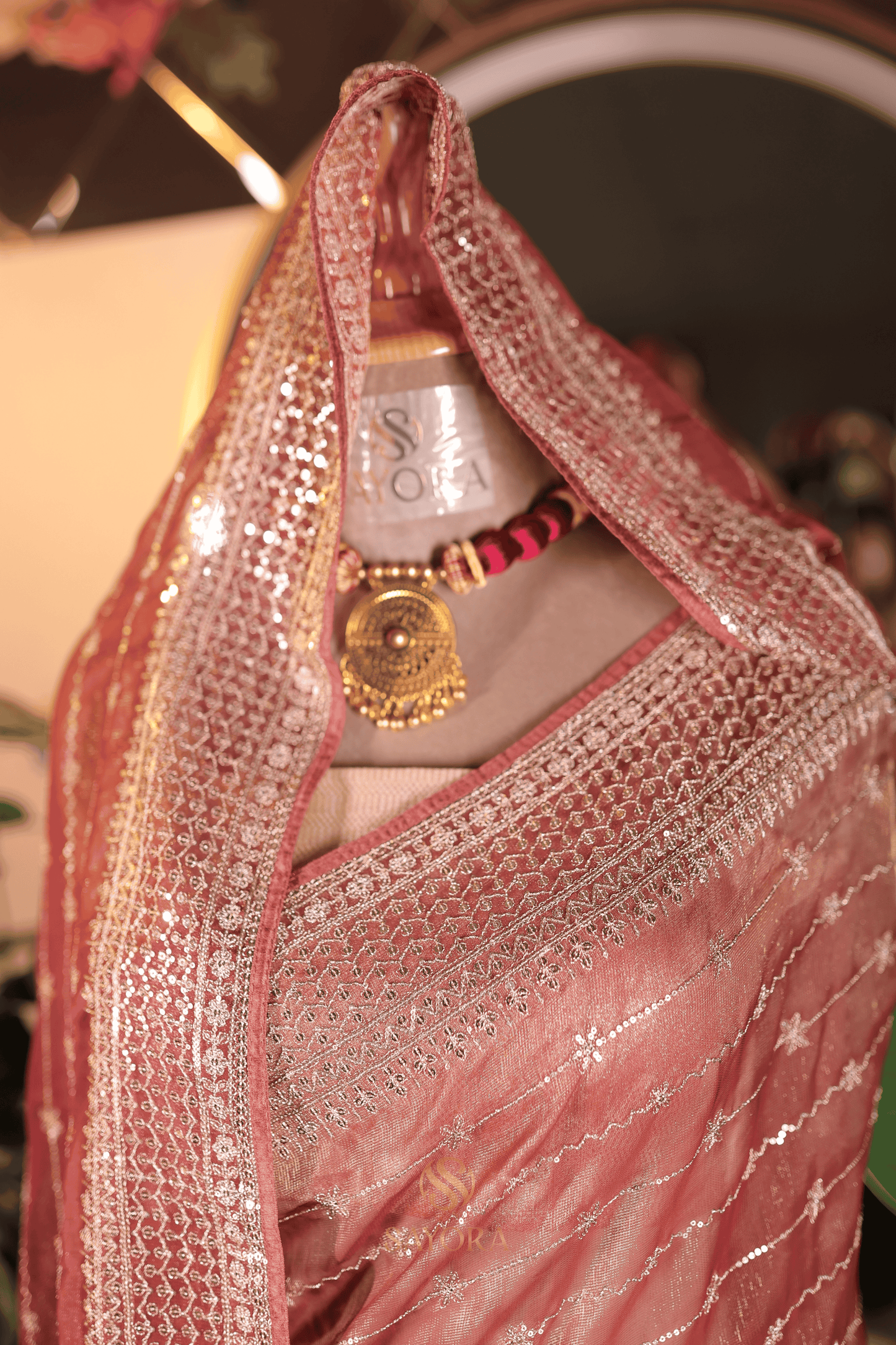 Wine tissue net sequins embroidered designer saree