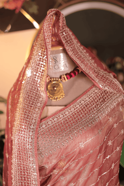 Wine tissue net sequins embroidered designer saree