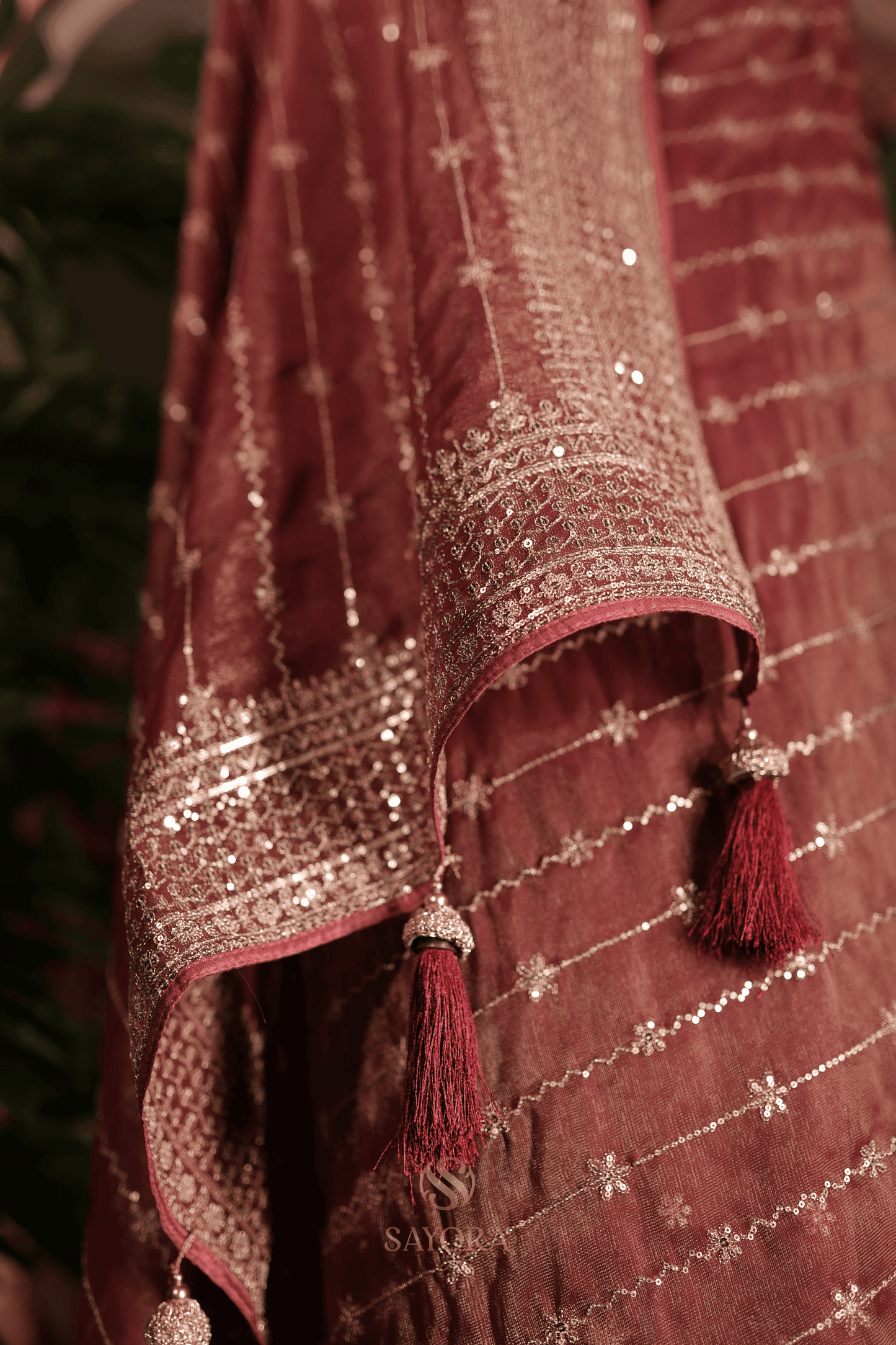 Wine tissue net sequins embroidered designer saree
