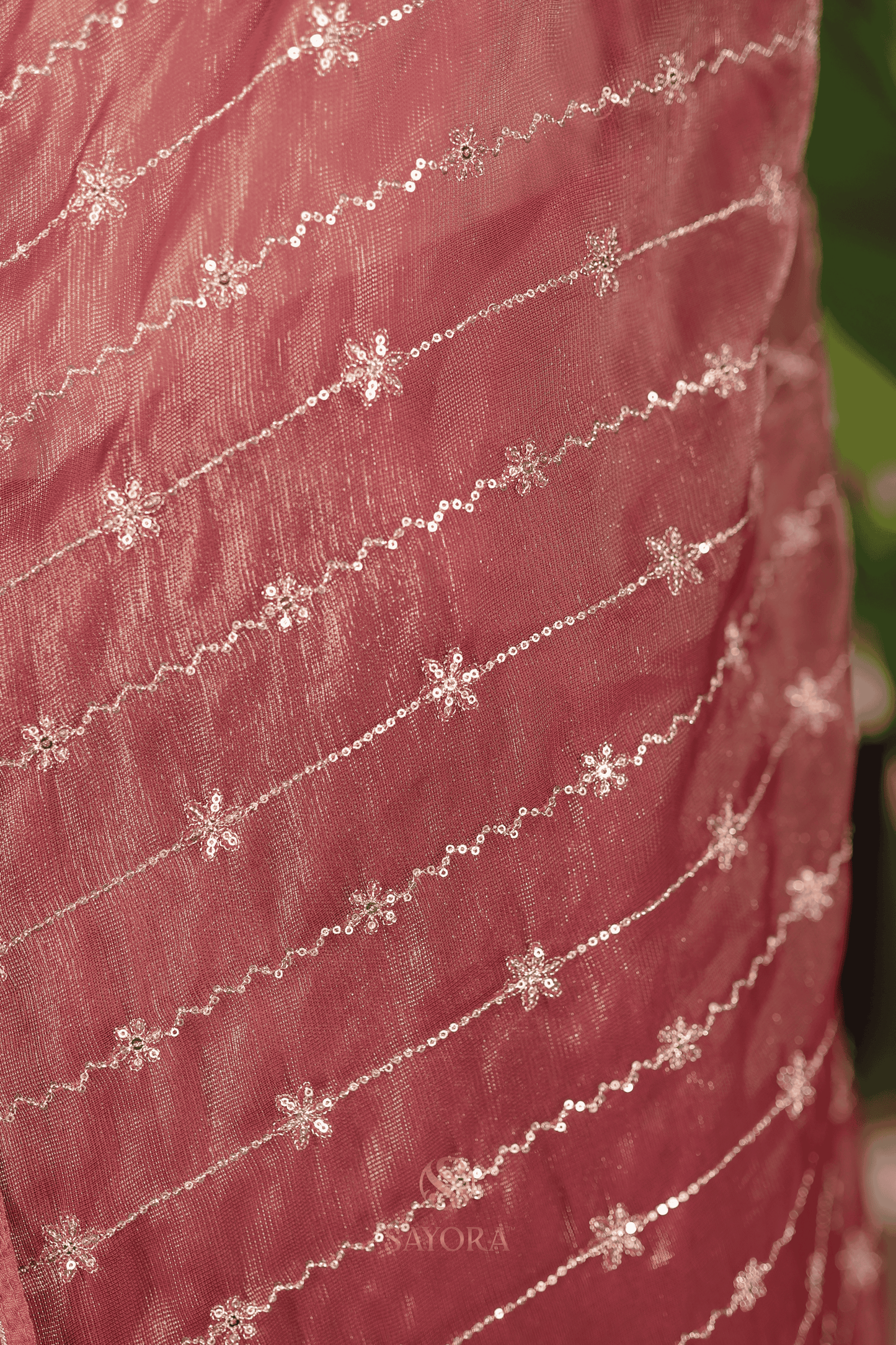 Wine tissue net sequins embroidered designer saree