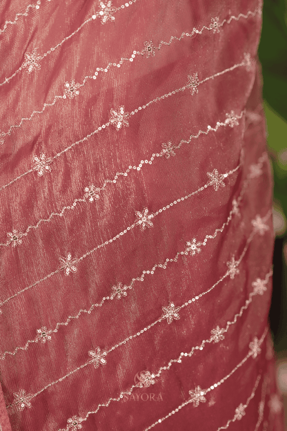 Wine tissue net sequins embroidered designer saree