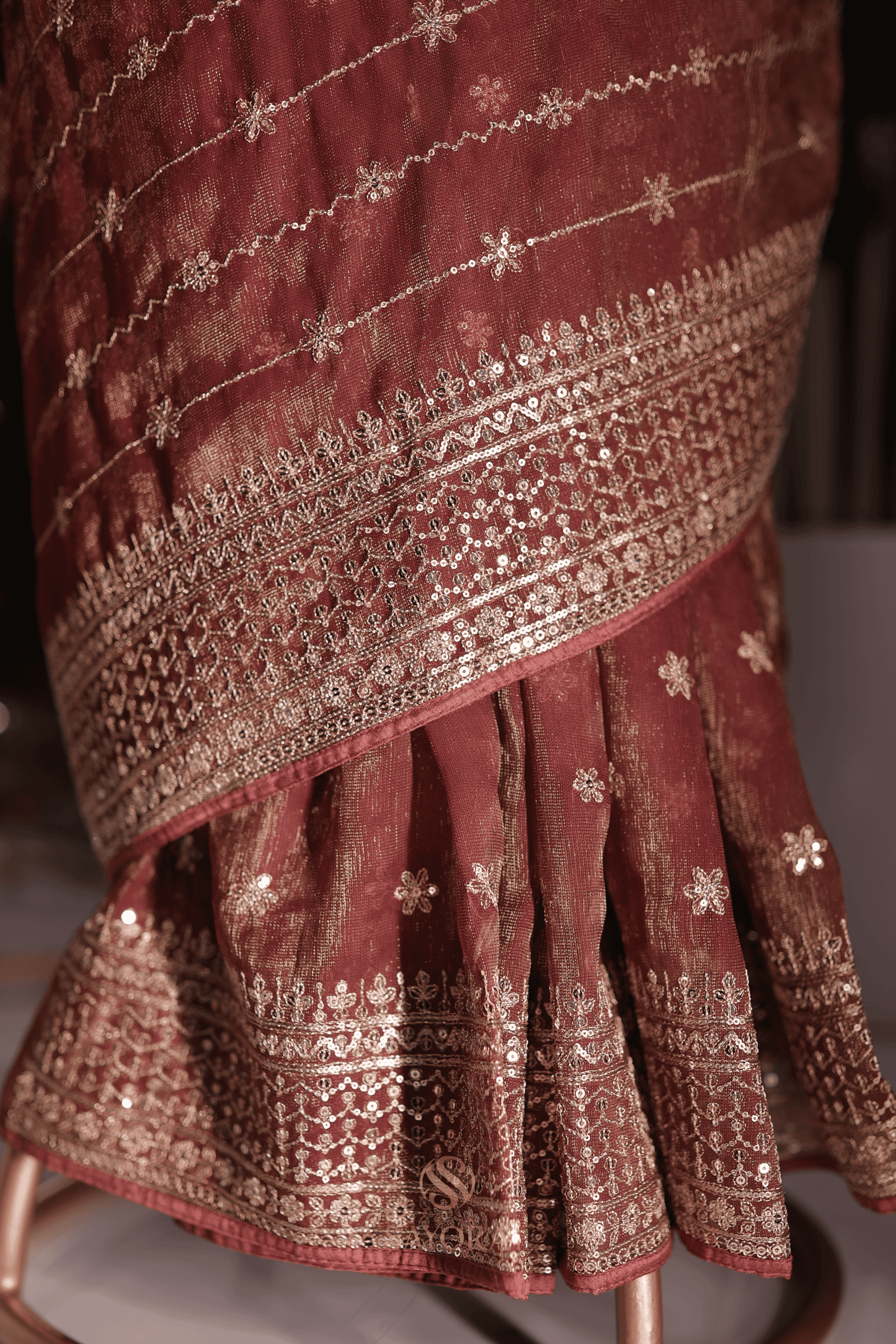 Wine tissue net sequins embroidered designer saree