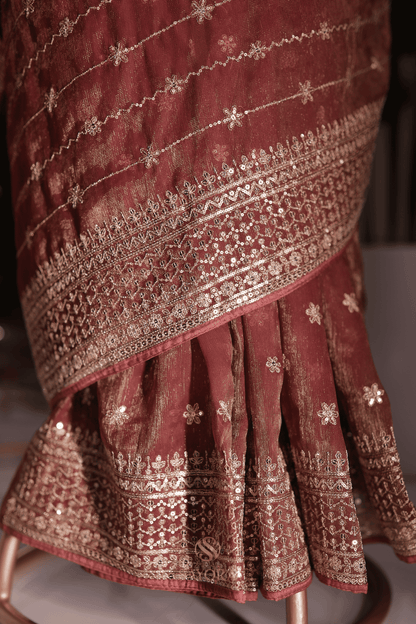 Wine tissue net sequins embroidered designer saree