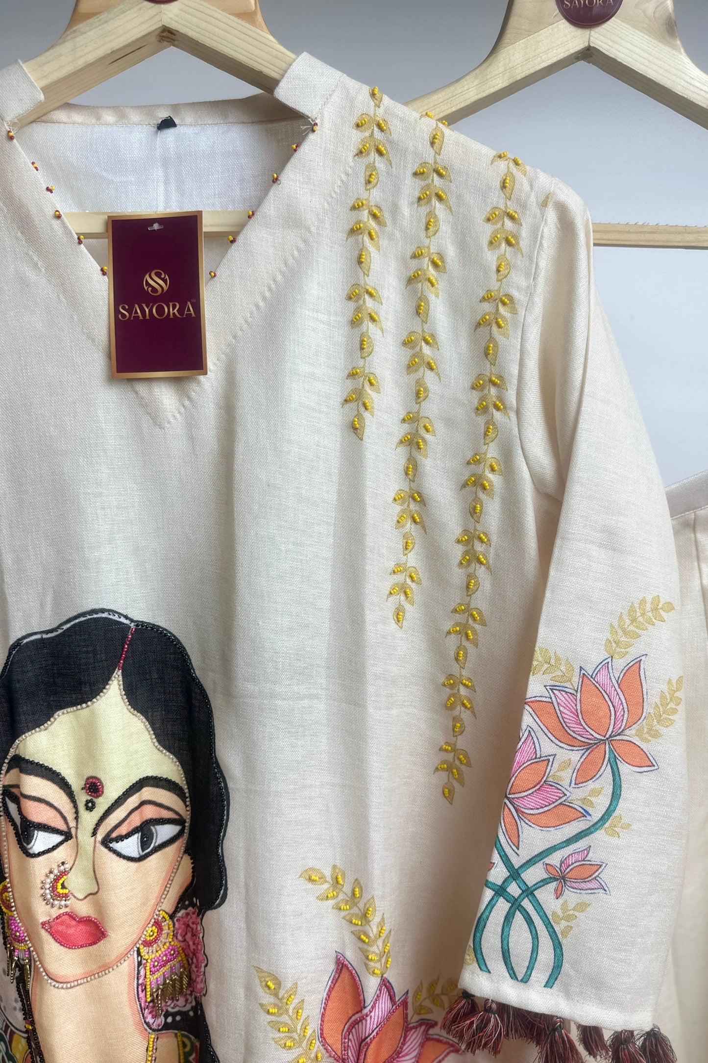 Madhubani style hand embroidered designer linen Co-ord set