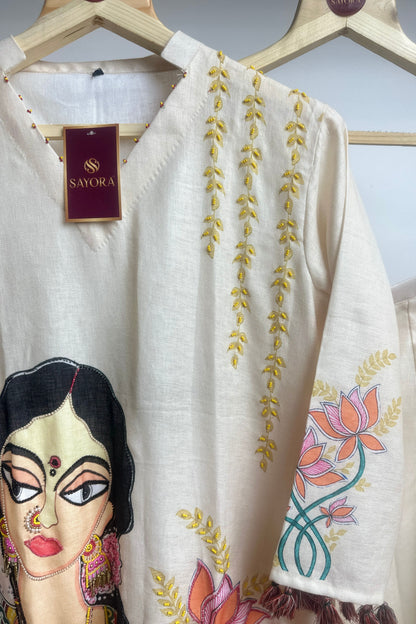 Madhubani style hand embroidered designer linen Co-ord set