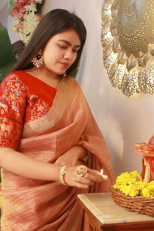'Vantara' Crushed Silk Elephant Motifs Hand-embroidered Saree with Stitched Designer Blouse