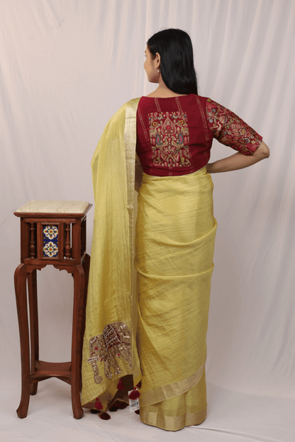 'Vantara' Crushed Silk Elephant Motifs Hand-embroidered Saree with Stitched Designer Blouse