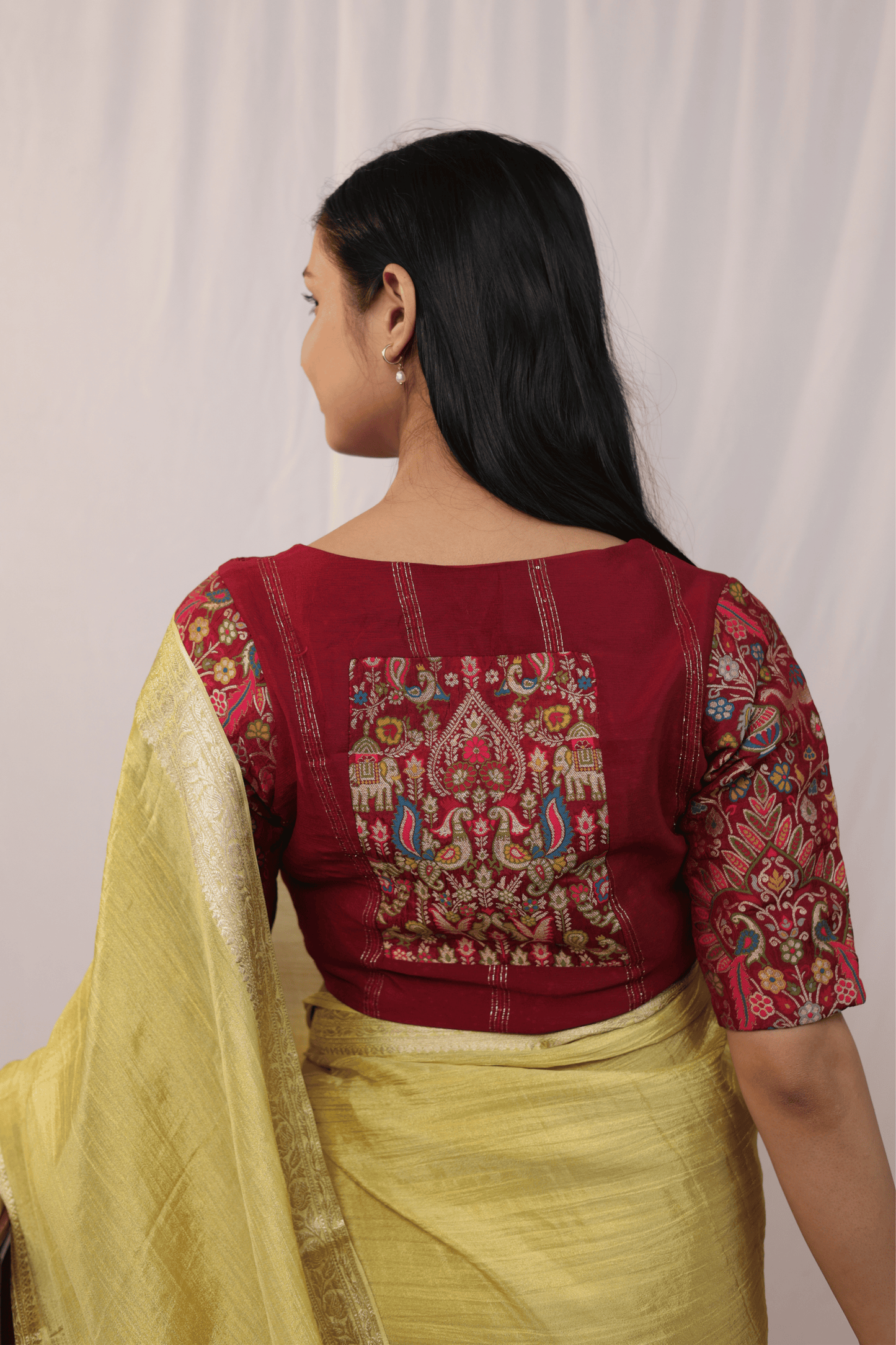 'Vantara' Crushed Silk Elephant Motifs Hand-embroidered Saree with Stitched Designer Blouse