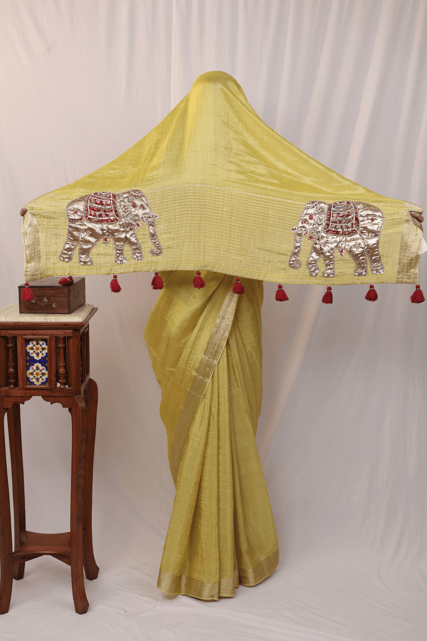 'Vantara' Crushed Silk Elephant Motifs Hand-embroidered Saree with Stitched Designer Blouse