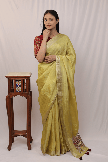'Vantara' Crushed Silk Elephant Motifs Hand-embroidered Saree with Stitched Designer Blouse