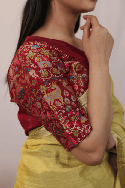 'Vantara' Crushed Silk Elephant Motifs Hand-embroidered Saree with Stitched Designer Blouse