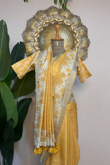 Yellow Raw Silk Saree With Stitched Blouse