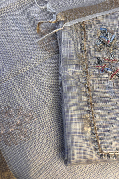 Zari Kota Blue Embroidered Unstitched Suit Set