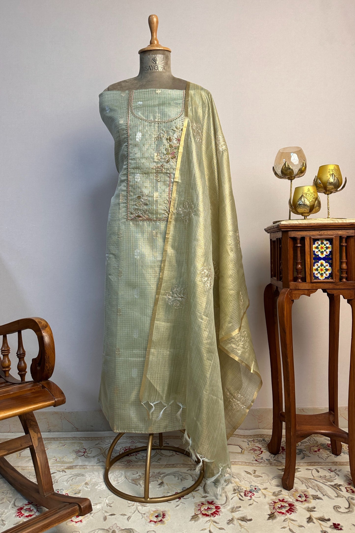 Zari Kota Green Embroidered Unstitched Suit Set