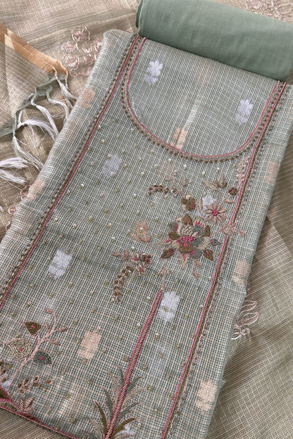 Zari Kota Green Embroidered Unstitched Suit Set