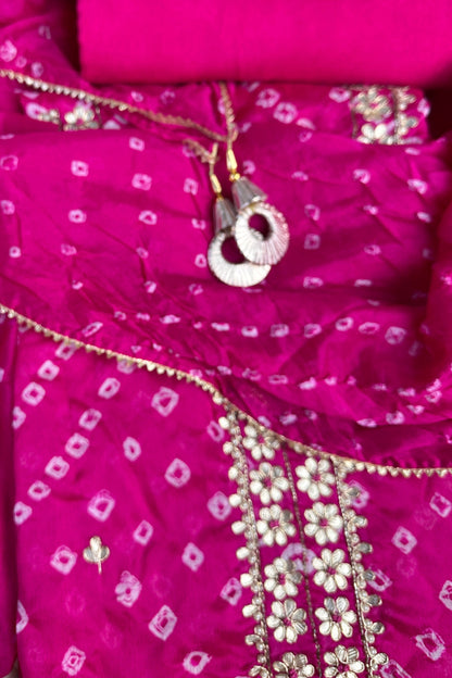 Bandhni Silk Pink Gota Patti Work Unstitched Suit Set