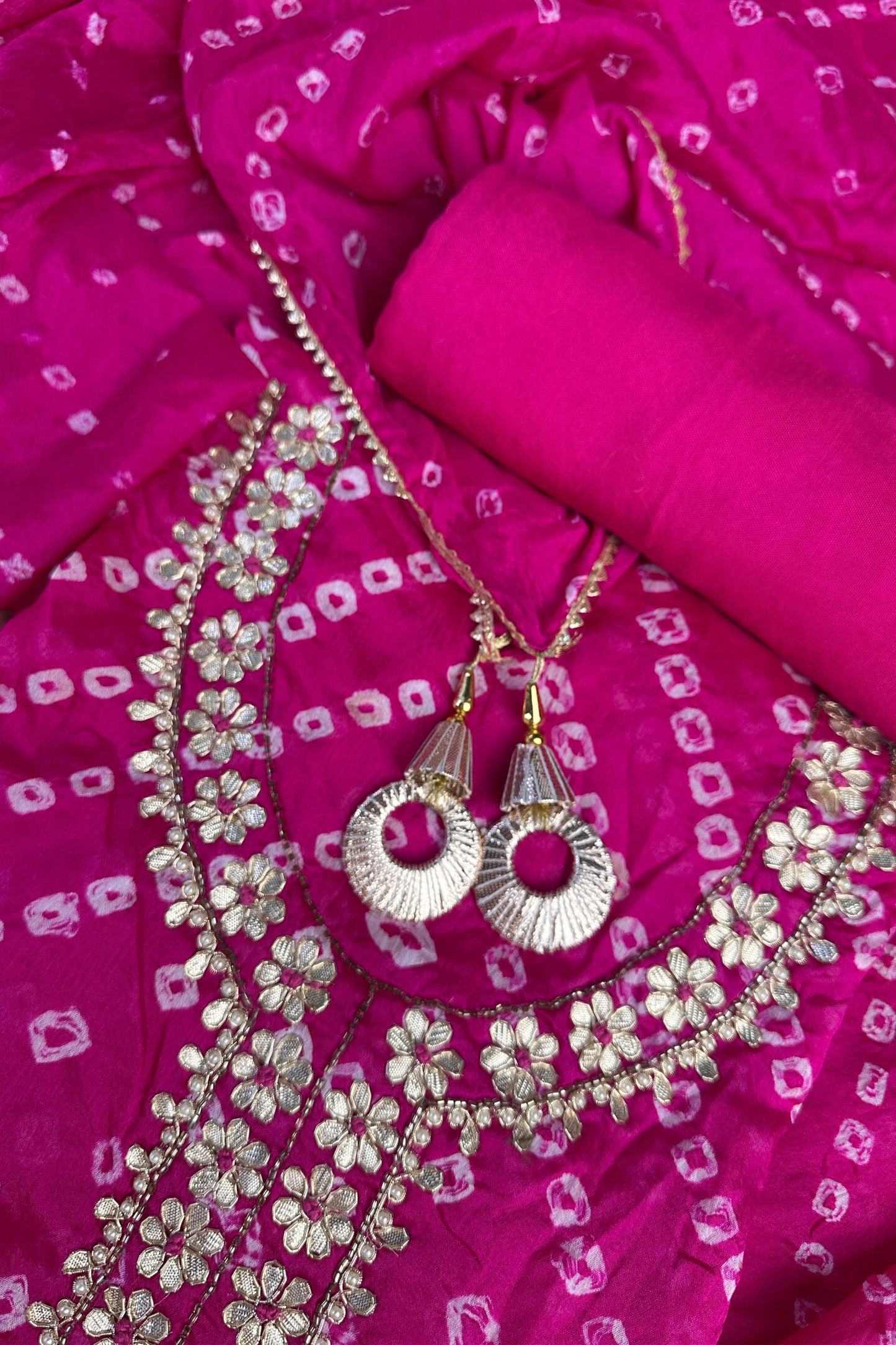 Bandhni Silk Pink Gota Patti Work Unstitched Suit Set
