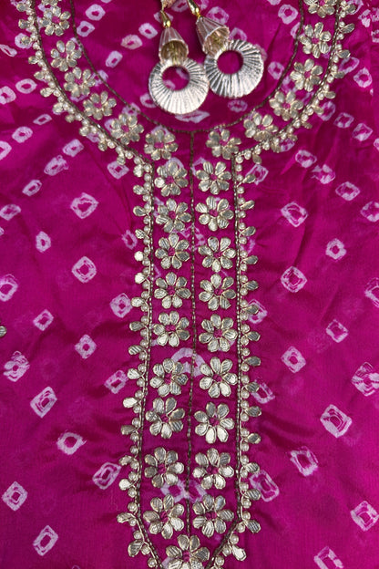Bandhni Silk Pink Gota Patti Work Unstitched Suit Set