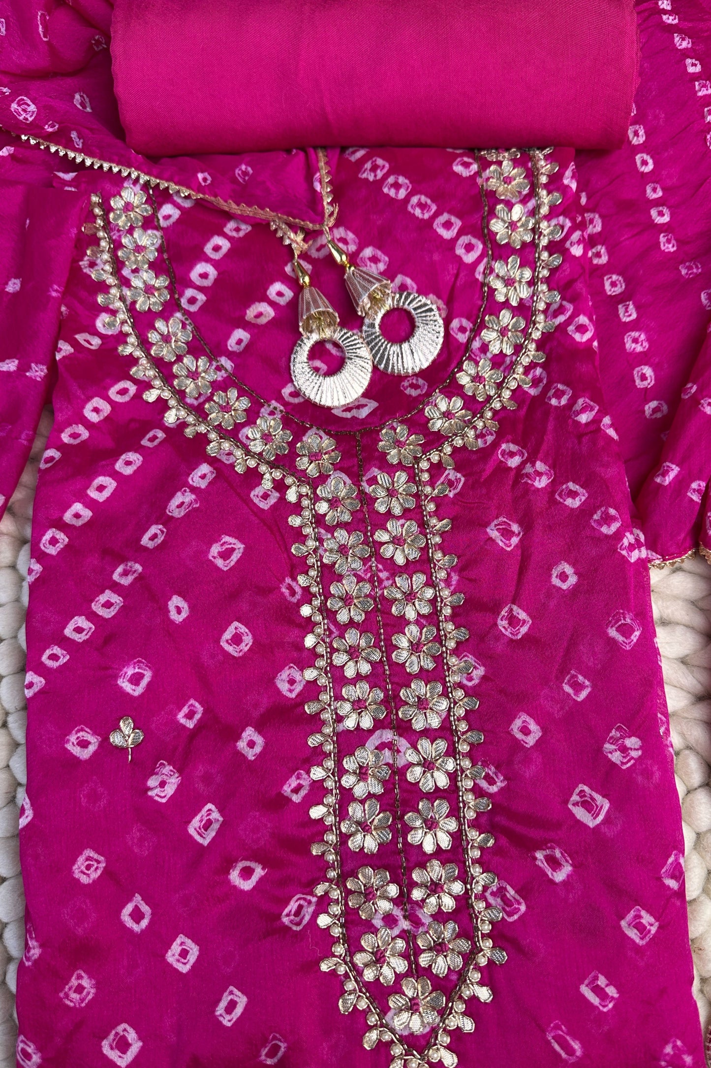 Bandhni Silk Pink Gota Patti Work Unstitched Suit Set