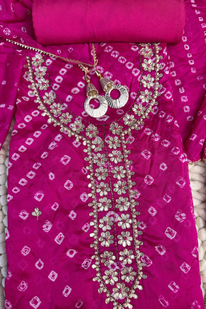 Bandhni Silk Pink Gota Patti Work Unstitched Suit Set
