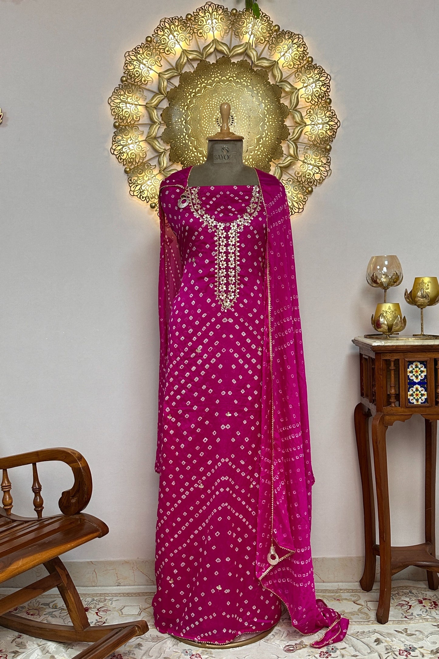 Bandhni Silk Pink Gota Patti Work Unstitched Suit Set